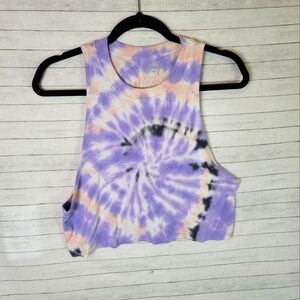 ALL ACCESS PURPLE & LIGHT ORANGE TIE DYE RIBBED CROP TOP, SZ MEDIUM